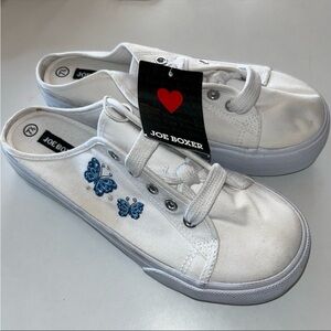 Joe Boxer White Slip-On Shoes with Blue Butterfly Design